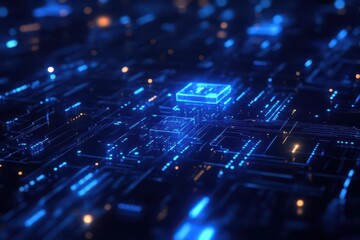 digital security interface with glowing circuits, binary code streams, and padlock hologram, deep blue tech aesthetic