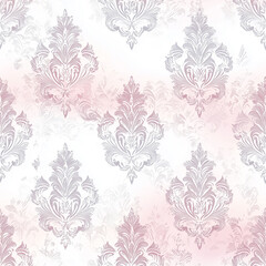 Elegant damask pattern in soft pink and silver tones on a light background.