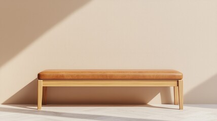 Modern Light Brown Leather Bench on Light Wood Frame Against Beige Wall