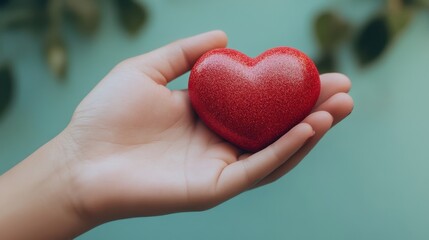 Fototapeta premium Closeup of a Hand Gently Holding a Red Glittery Heart Against a Teal Background