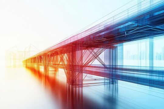 digital visualization of structural engineering data, gradient mesh showing stress distribution in bridge architecture, technical aesthetic
