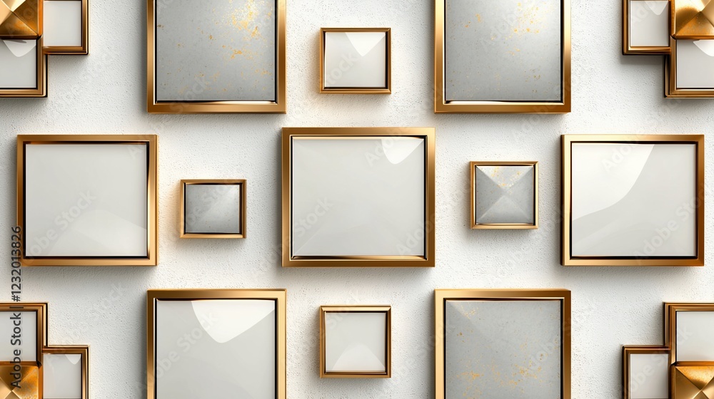 Poster geometric gold frames and pyramids on white background.