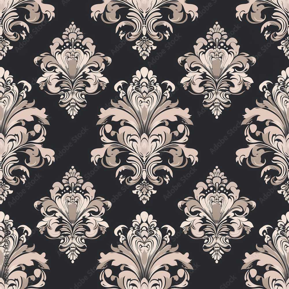 Poster elegant damask pattern with intricate designs in muted colors on a dark background.