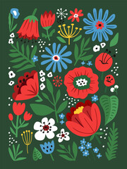 Flower market poster 3x4. Hand-drawn vector illustration. Trendy botanical wall art with floral design