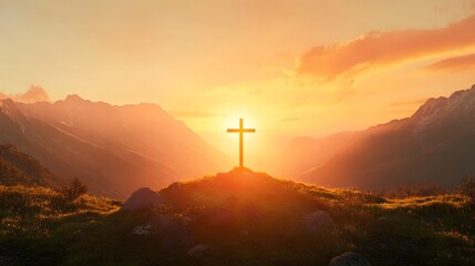 Obraz premium A cross with the setting sun in the background, symbolizing hope and new beginnings 