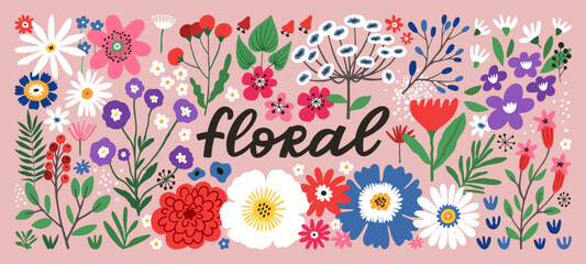 Beautiful floral set with hand-drawn flowers. Blossom botanical vector collection for decor, easter, sticker, clipart, print