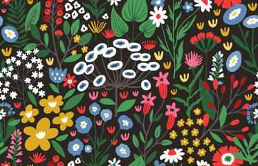 Beautiful flower seamless pattern with hand-drawn floral elements with dark background. Blossom botanical vector set for decor, easter, print or textile design