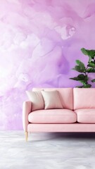 Pastel Pink Sofa against Lavender Watercolor Wall Art Modern Interior Design