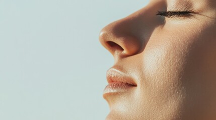 Profile of a woman breathing fresh air with closed eyes, highlighting her perfect nose and healthy skin after successful rhinoplasty surgery, promoting beauty and cosmetology