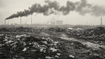 Obraz premium Environment pollution icons with plastic garbage, toxic waste and poor animals. Vector cartoon illustration of polluted nature, barrels with radioactive sign, bags and bottles