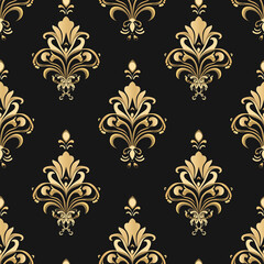 Elegant gold floral pattern on a black background, perfect for classic decor or textile design.