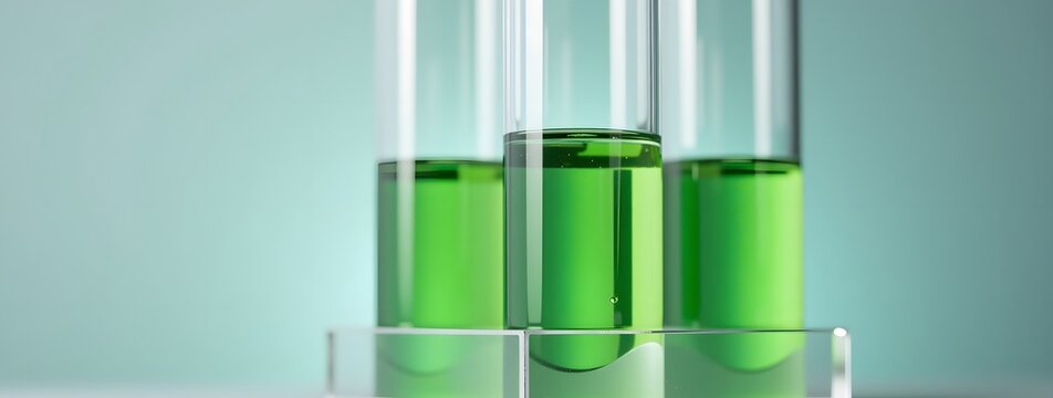 Three test tubes with green liquid in laboratory setting