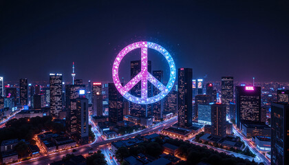 Vibrant illuminated world peace symbol glowing over a modern city skyline at night, copy space