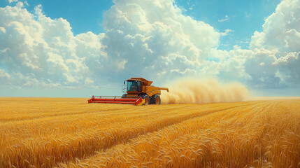 Obraz premium A combine harvester moves through a golden wheat field under cloudy sky