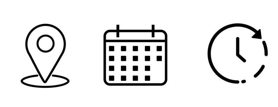 Time, date and address icon set. Calendar, clock, location. Editable stroke. Linear vector outline illustration. Vector illustration.