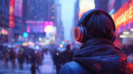 Person enjoying music with stylish headphones while walking in a bustling city street