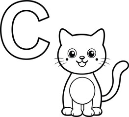 Vector coloring book alphabet with capital letters C for Cat illustration