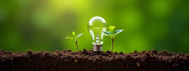 Innovative green energy concept with light bulb and growing plants in soil