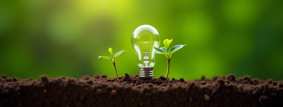 Innovative green energy concept with light bulb and growing plants in soil