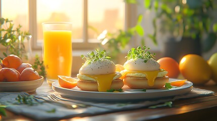 Delicious Breakfast Spread with Eggs Benedict and Fresh Fruit