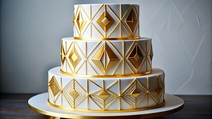 Elegant geometric gold accents adorn a pristine white cake, a modern dessert masterpiece.