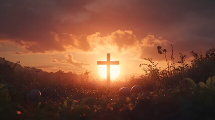Fototapeta premium A cross with the setting sun in the background, symbolizing hope and new beginnings 
