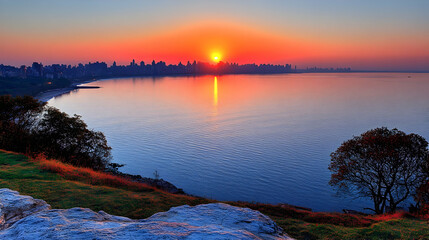Fototapeta premium Sunrise over coastal city, tranquil bay