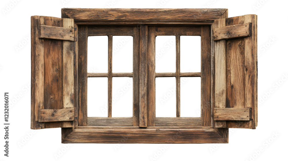 Poster old wooden window with open shutters on transparent background