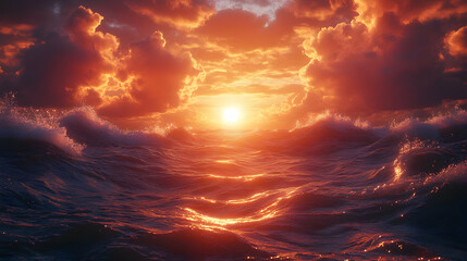 Naklejka premium Fiery Sunset Over Ocean Waves: Dramatic Orange and Red Sky