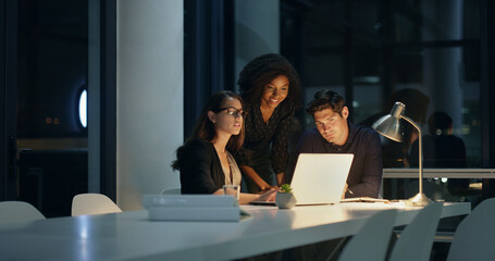 Business people, night and meeting with laptop, planning and brainstorming for legal project and...