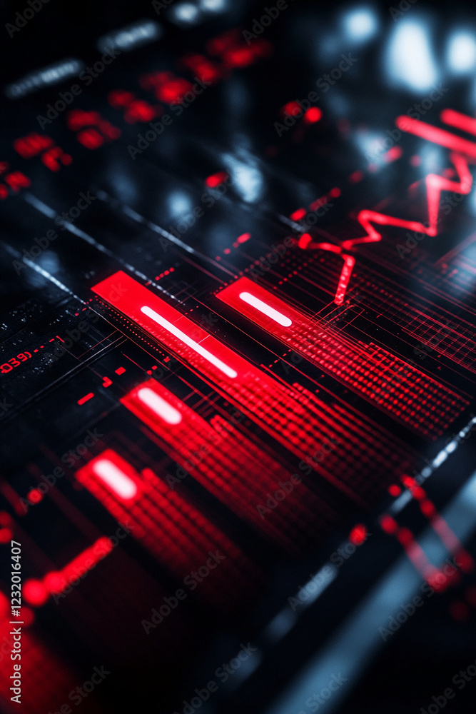 Poster Close-up of red glowing digital data and a fluctuating line graph, representing data visualization, technology trends, and digital analysis.