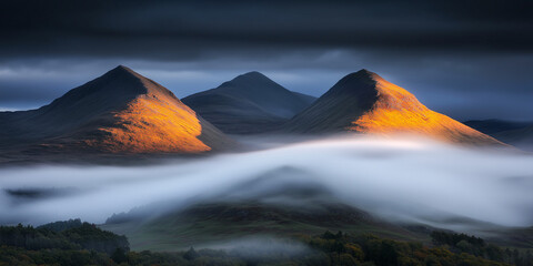 Misty Mountain Sunrise with Dramatic Clouds and Golden Light