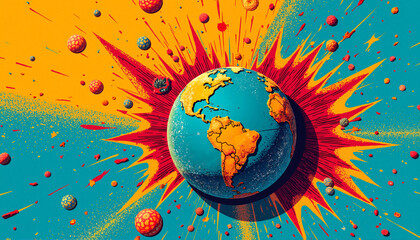 Explosive artwork of a peaceful earth symbolizing peace and love with copy space