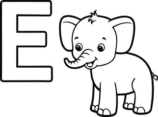 Vector coloring book alphabet with capital letters E for elephant  illustration