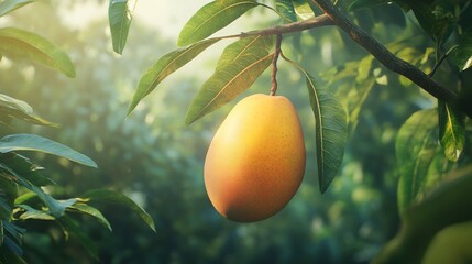 Ripe mango on tree branch, orchard sunlight