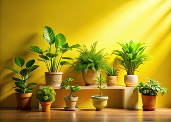 Fototapeta premium Ethereal green flora against a sunny yellow backdrop, artistically captured in a lightbox, a botanical dream.