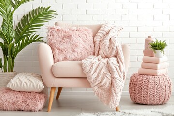 A stylish interior with plaid pattern, adorned with pillows and an armchair positioned near a brick wall