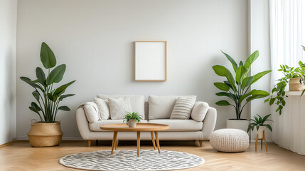 Cozy living room with modern furniture, plants, and neutral colors. light sofa, wooden coffee table, and decorative elements create serene atmosphere