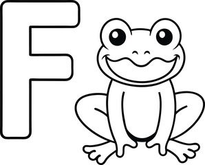 Vector coloring book alphabet with capital letters F for Frog illustration 