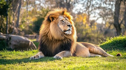 Obraz premium Majestic lion resting in sunny savanna