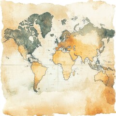 Antique World Map Showing Continents and Oceans