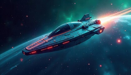 Futuristic spaceship adventure in outer space sci-fi art digital illustration cosmic environment dynamic perspective