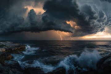 Obraz premium dramatic storm clouds swirling over turbulent ocean waves, lightning illuminating dark waters, moody atmospheric scene