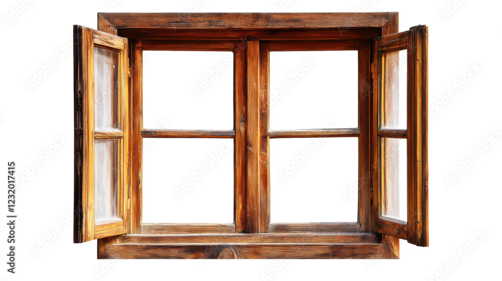 Poster old wooden window frame with open shutters on transparent background