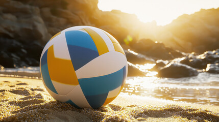 Obraz premium Volleyball resting on golden beach sand under warm sunlight with colorful design