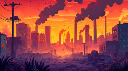 Global problems cartoon web banner, save the planet concept, destroyed city, war, abandoned buildings and factory pipes with smoke. Destruction, natural disaster or world cataclysm vector landing page