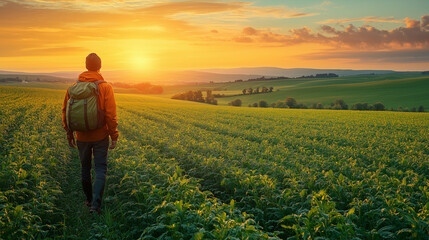 Fototapeta premium A lone hiker walks through a green field toward a vibrant sunset