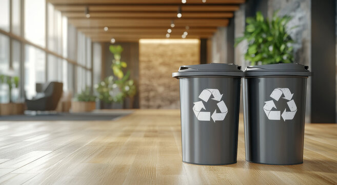 Two gray metal trash cans featuring recycling logos are positioned in a contemporary office space with wooden floors and natural decor elements, emphasizing eco-friendly waste management