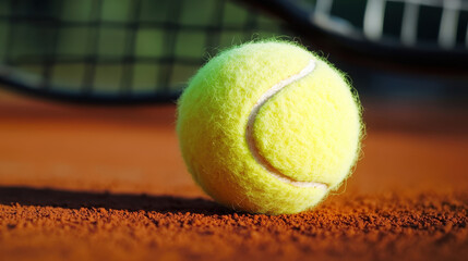 Bright yellow tennis ball resting on clay court with shallow focus