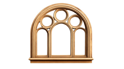 Classic arched wooden window frame with transparent background